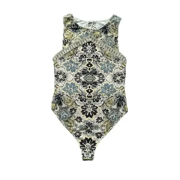 Free People Intimately cream, yellow & navy paisley open back bodysuit S - Picture 11 of 11